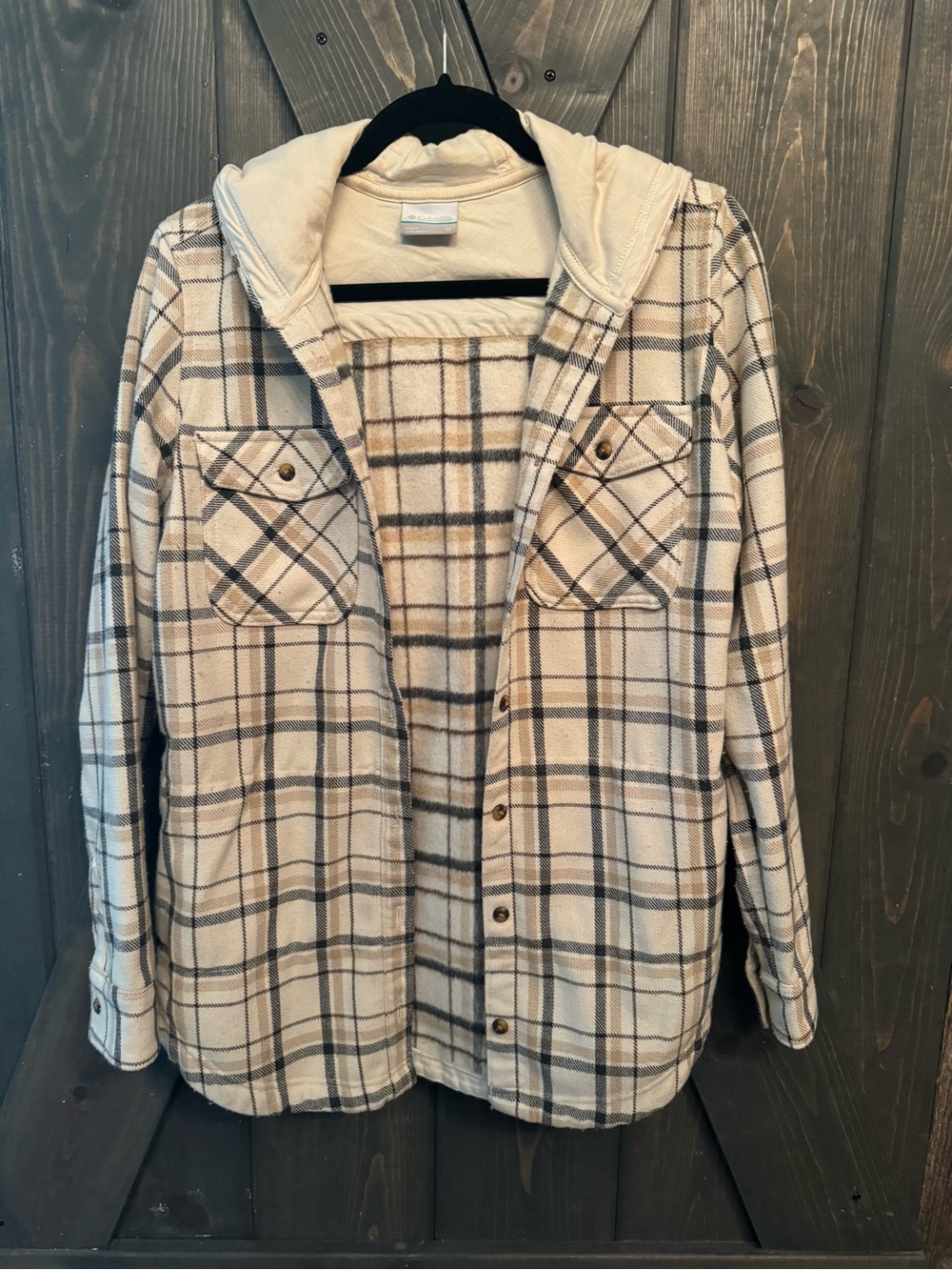 Columbia Plaid Hooded Flannel Jacket in Cream and Brown
